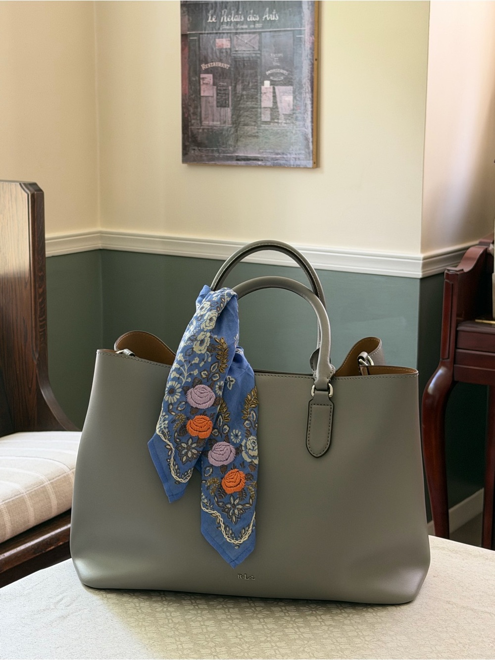 Lauren Ralph Lauren Genuine Leather Tote Gray Tan w/ Zip Pouch + Crossbody Strap